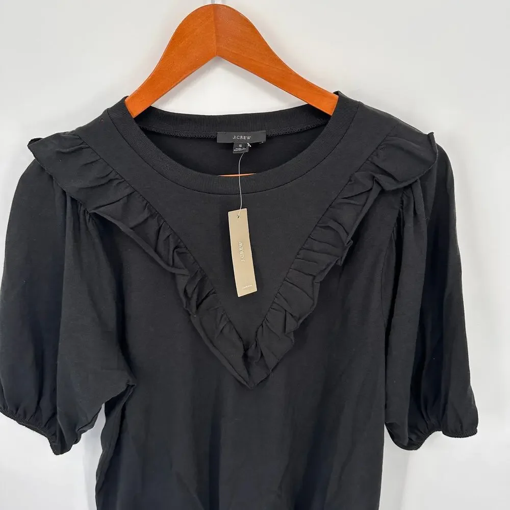 J. CREW NWT Black Short sleeve Ruffle Bib Tee Blouse // S
